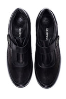 Women's Black Leather Stone Wedge Heeled Comfort Shoes | Derimod