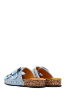 Women's Blue Double Buckle Studded Fabric Slippers | Derimod