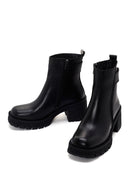 Women's Black Zippered Thick Heeled Leather Boots | Derimod