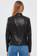 July Women's Black Regular Short Leather Jacket | Derimod