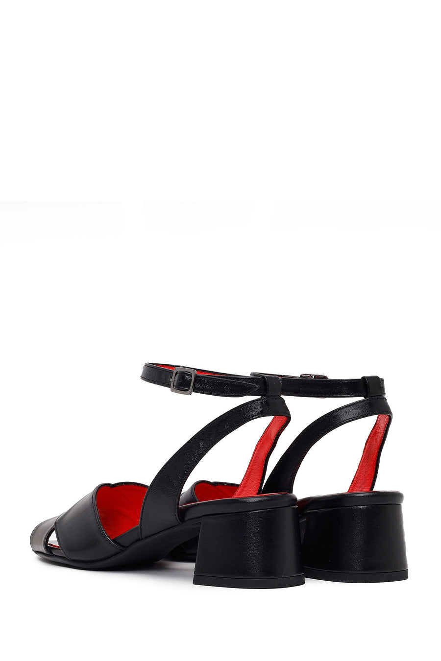 Derimod Gritti Woman Black Ankle-Buckle Short Chunky-Heel Leather Sandal