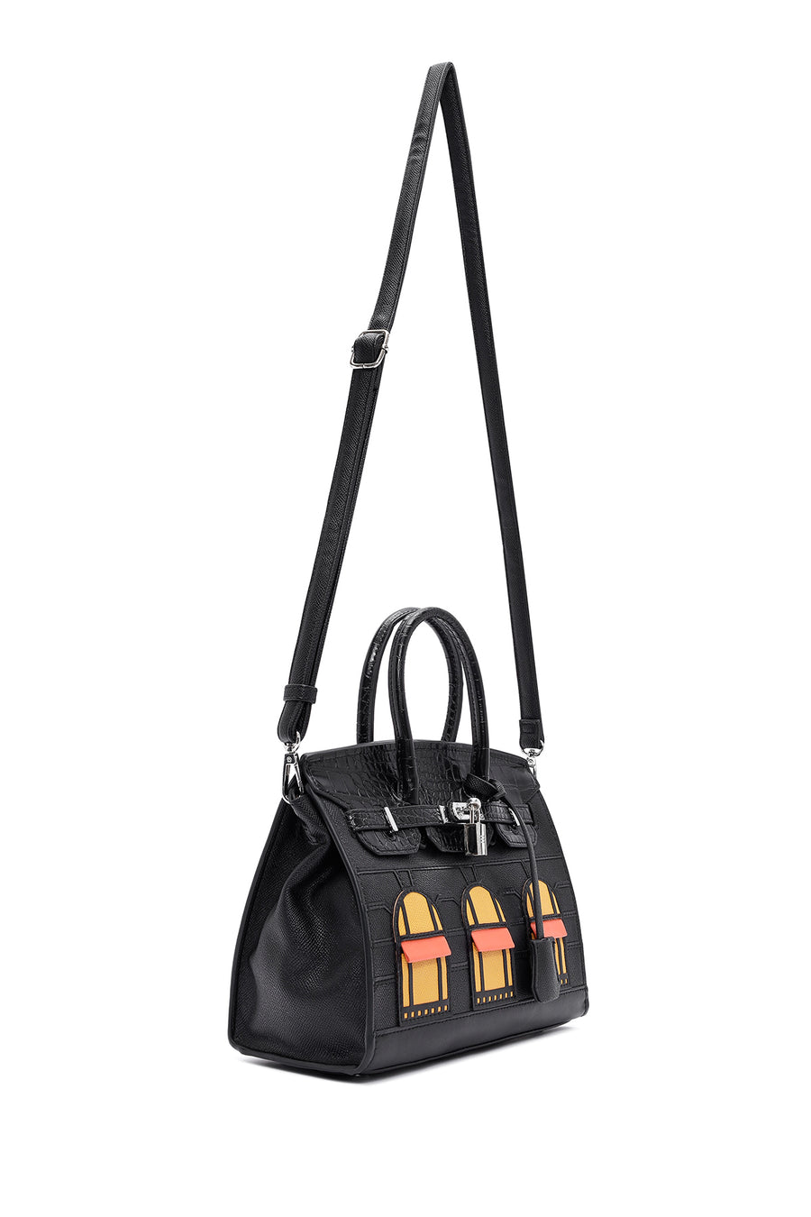 Women's Black Long Strap Patterned Shoulder Bag