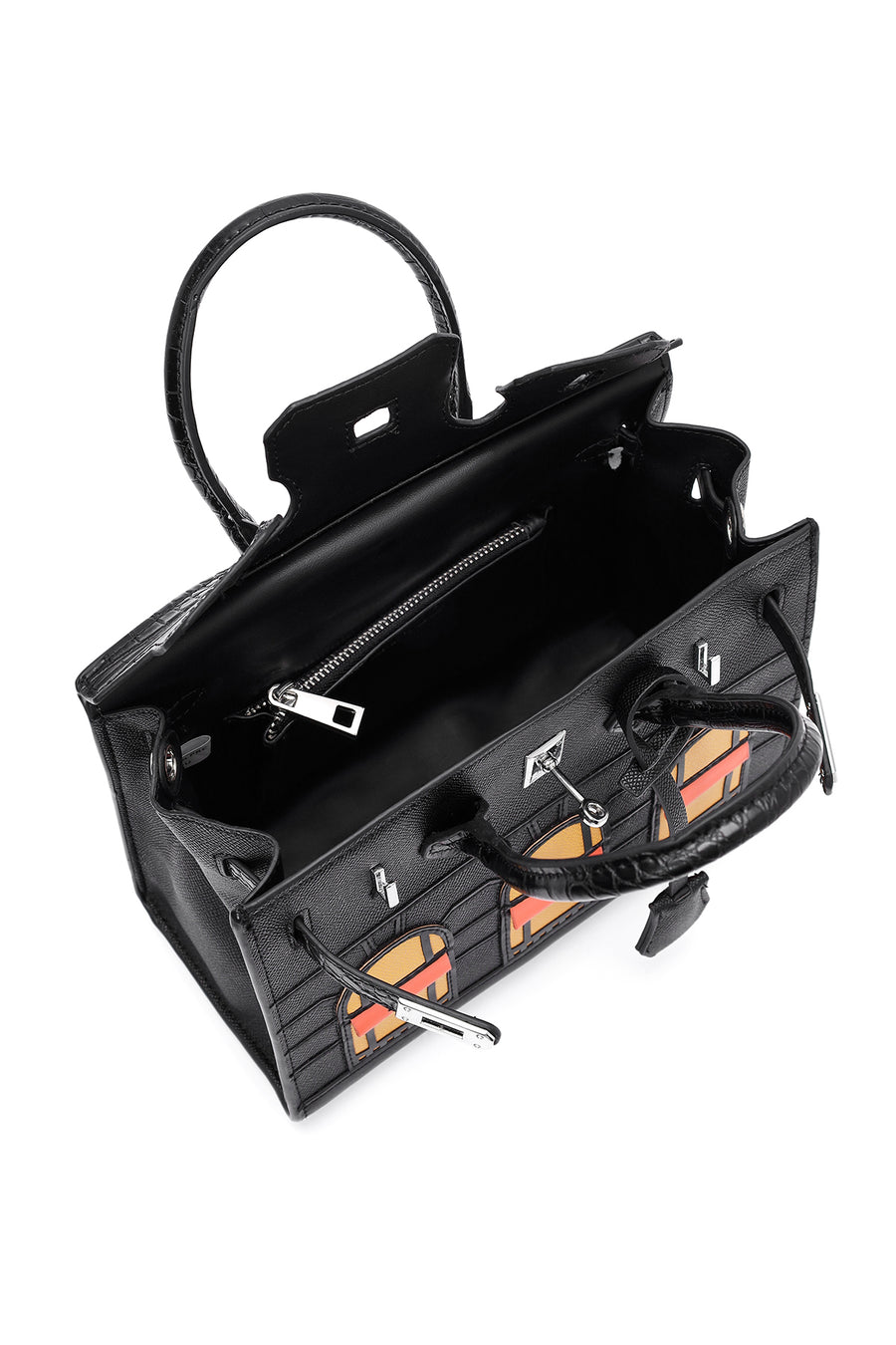 Women's Black Long Strap Patterned Shoulder Bag