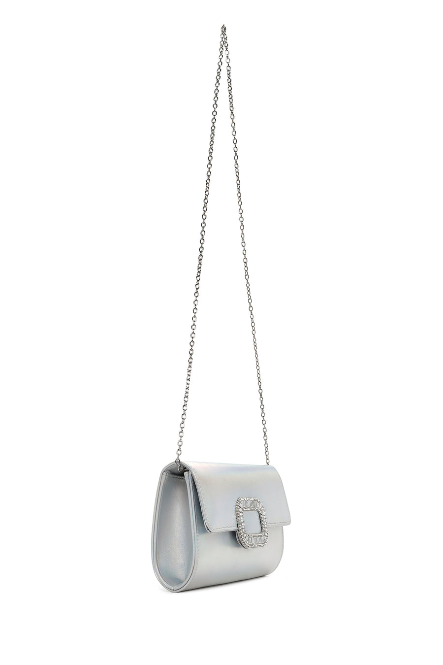 Women's White Long Chain Strap Stoned Clutch Bag