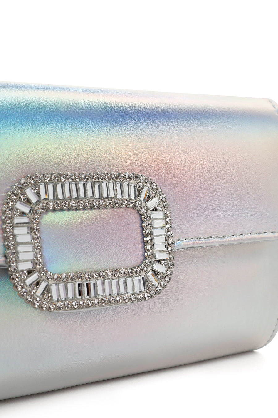 Women's White Long Chain Strap Stoned Clutch Bag