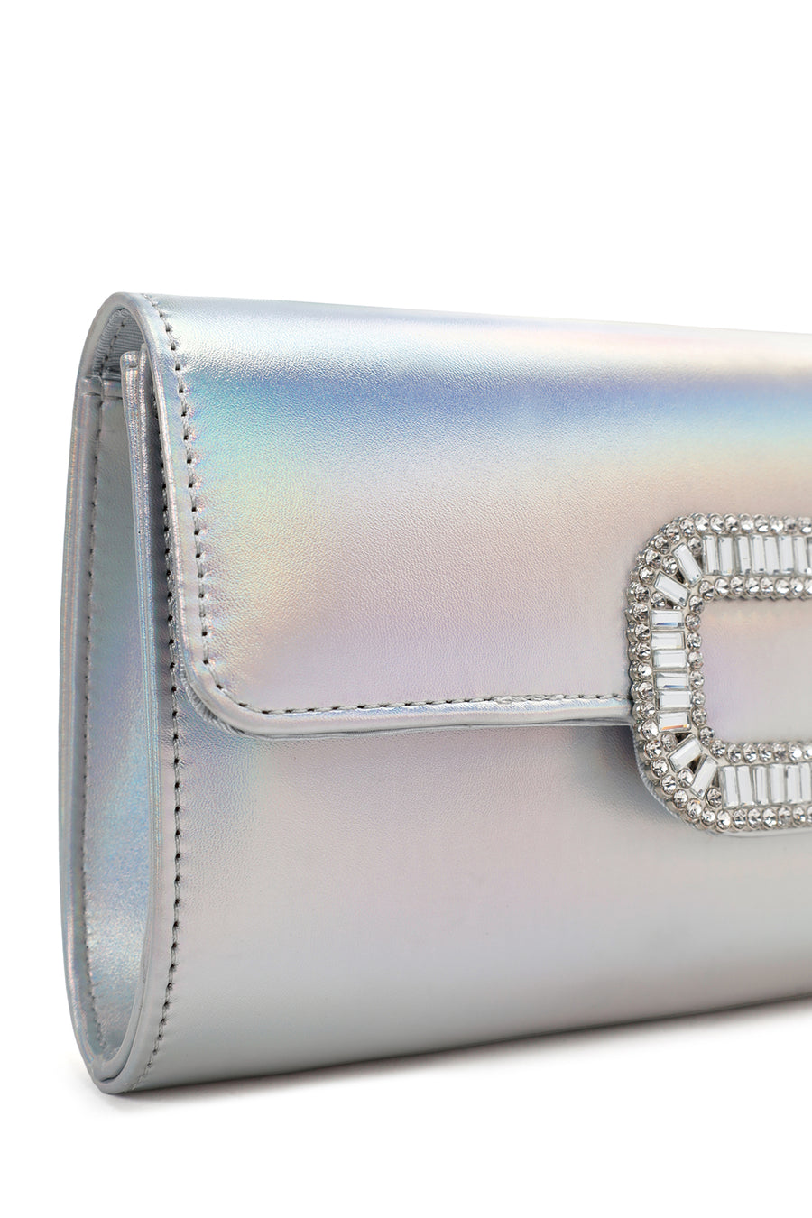 Women's White Long Chain Strap Stoned Clutch Bag