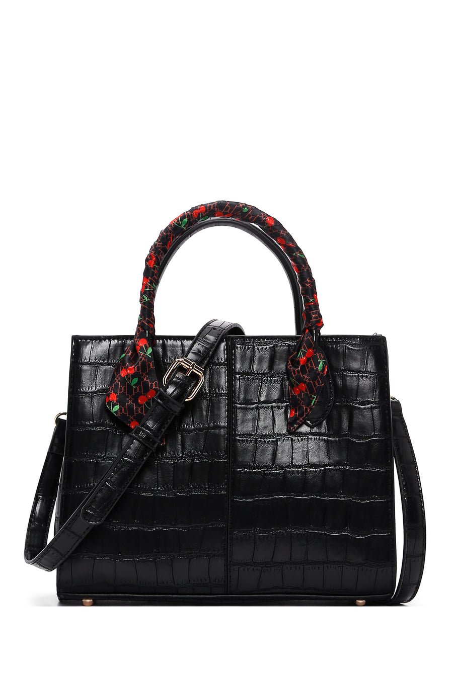 Women's Black Long Strap Crocodile Patterned Handbag with Accessory Detail 24SBD2719E3 | Derimod