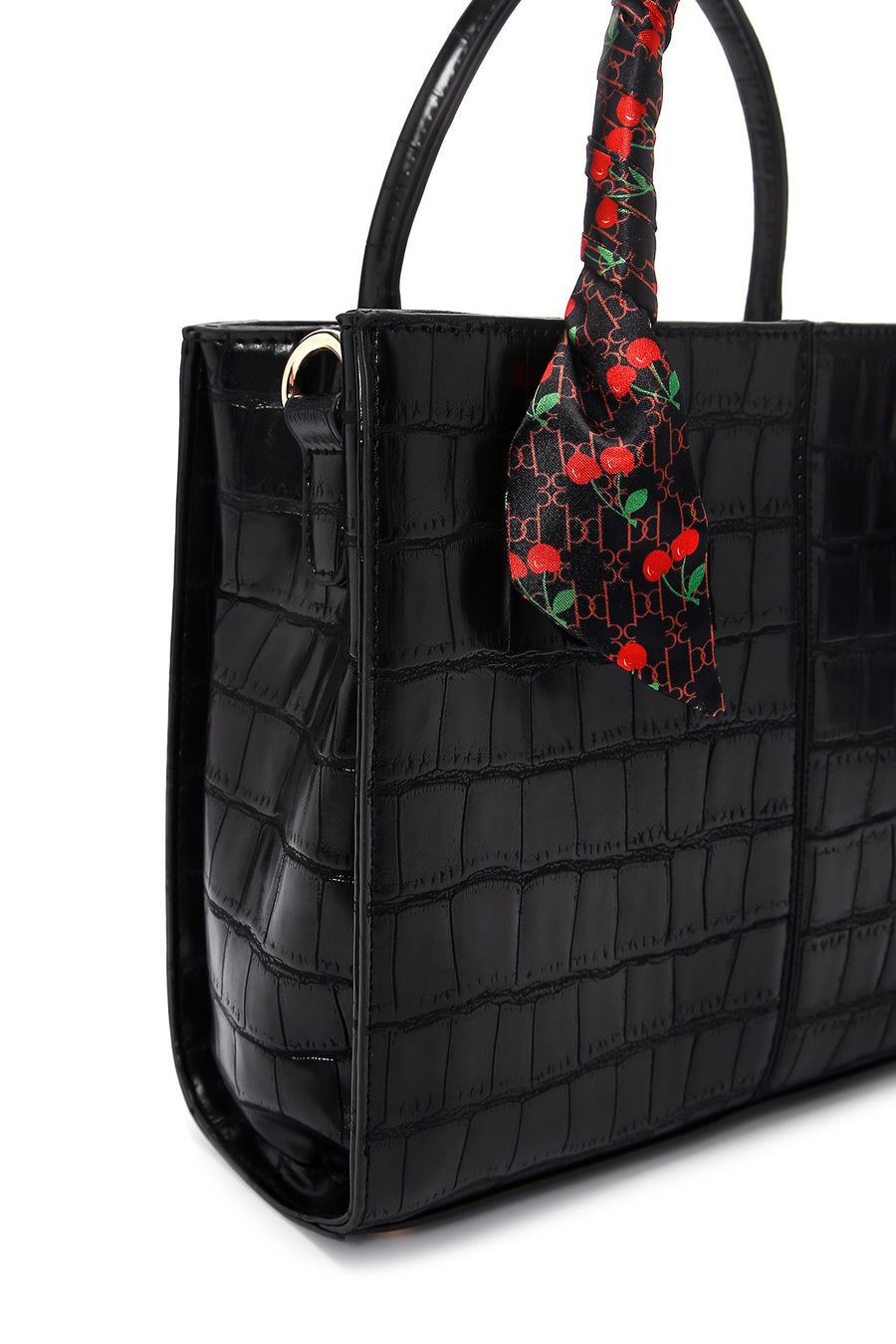 Women's Black Long Strap Crocodile Patterned Handbag with Accessory Detail
