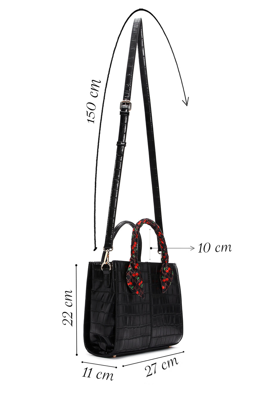 Women's Black Long Strap Crocodile Patterned Handbag with Accessory Detail