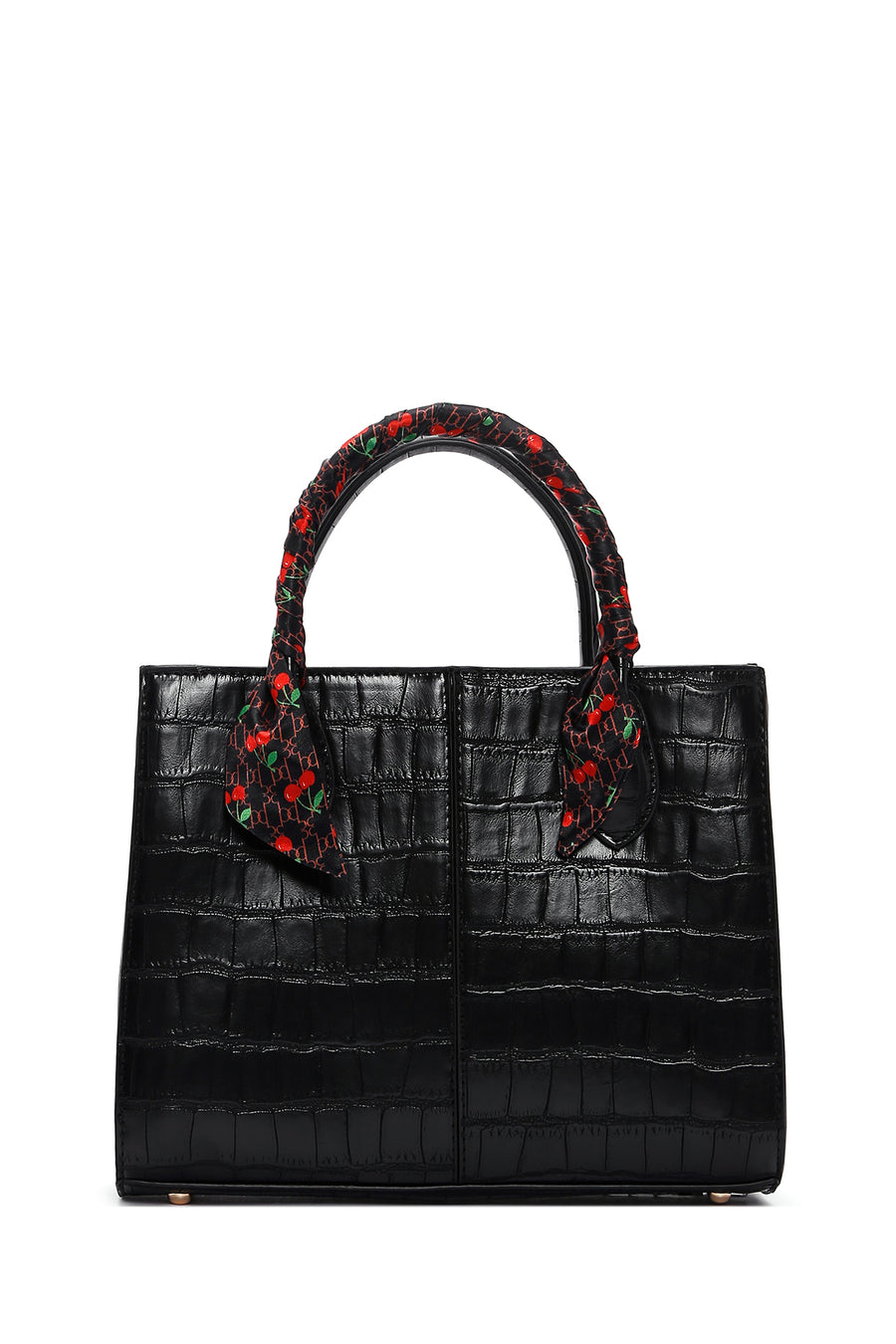 Women's Black Long Strap Crocodile Patterned Handbag with Accessory Detail
