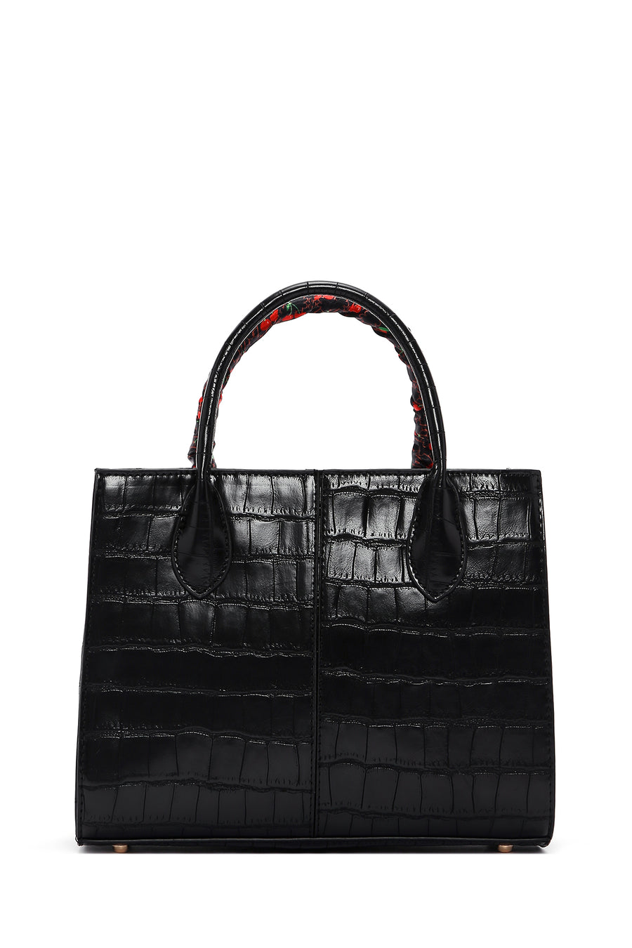 Women's Black Long Strap Crocodile Patterned Handbag with Accessory Detail