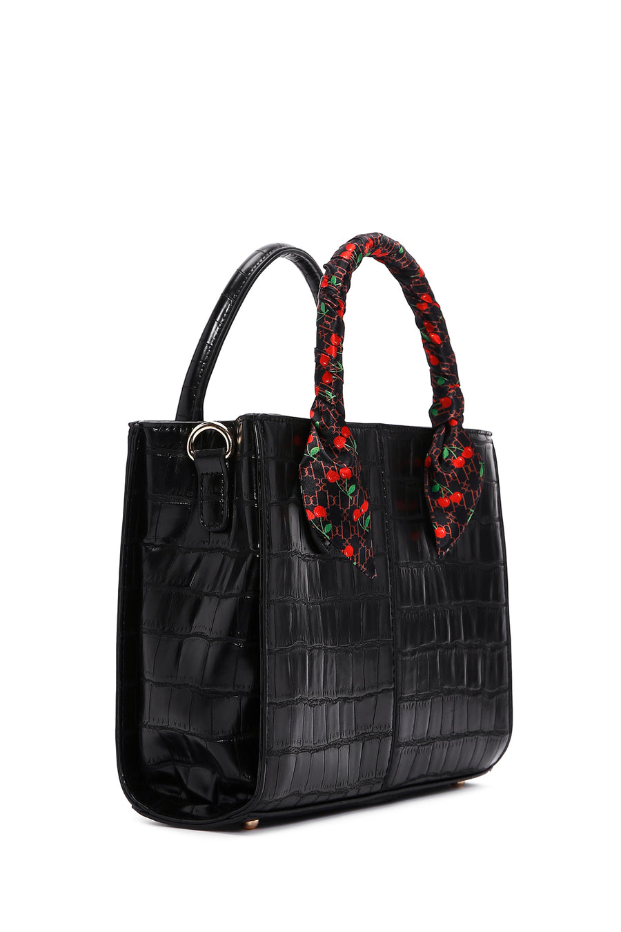 Women's Black Long Strap Crocodile Patterned Handbag with Accessory Detail