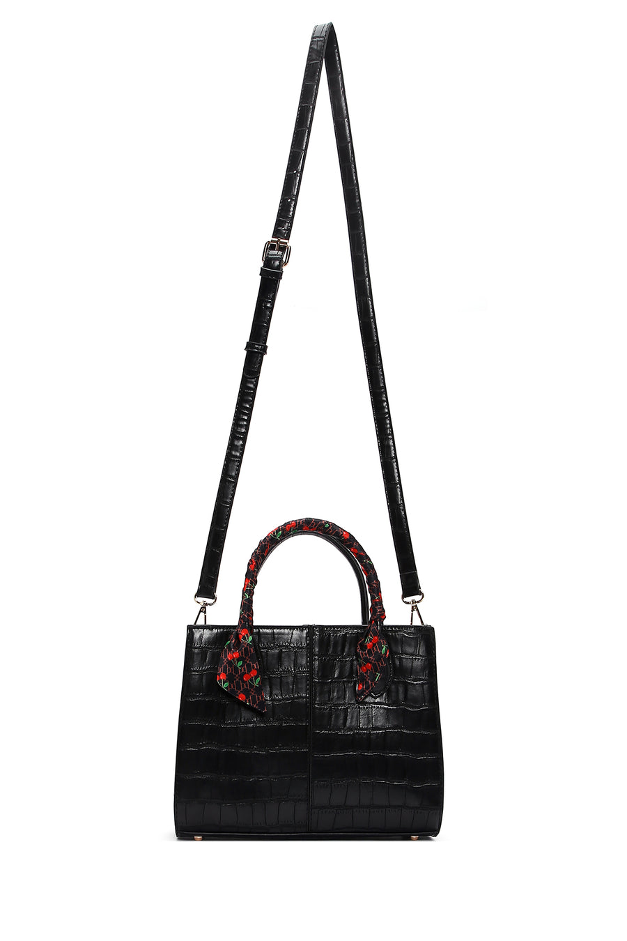 Women's Black Long Strap Crocodile Patterned Handbag with Accessory Detail