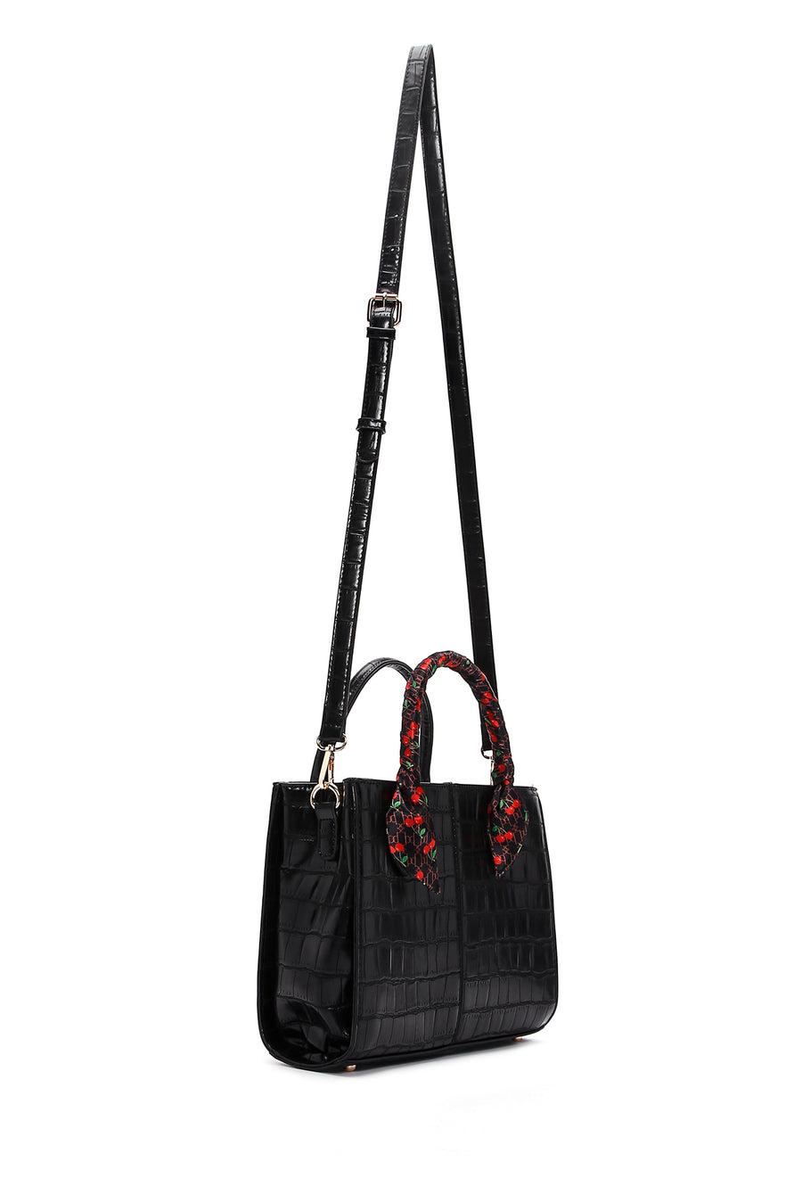 Women's Black Long Strap Crocodile Patterned Handbag with Accessory Detail