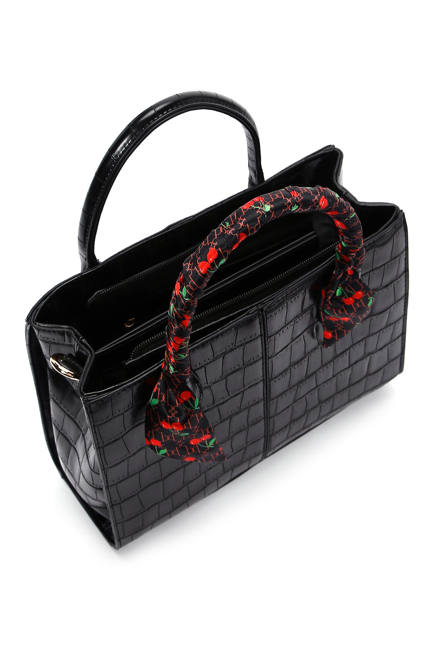 Women's Black Long Strap Crocodile Patterned Handbag with Accessory Detail