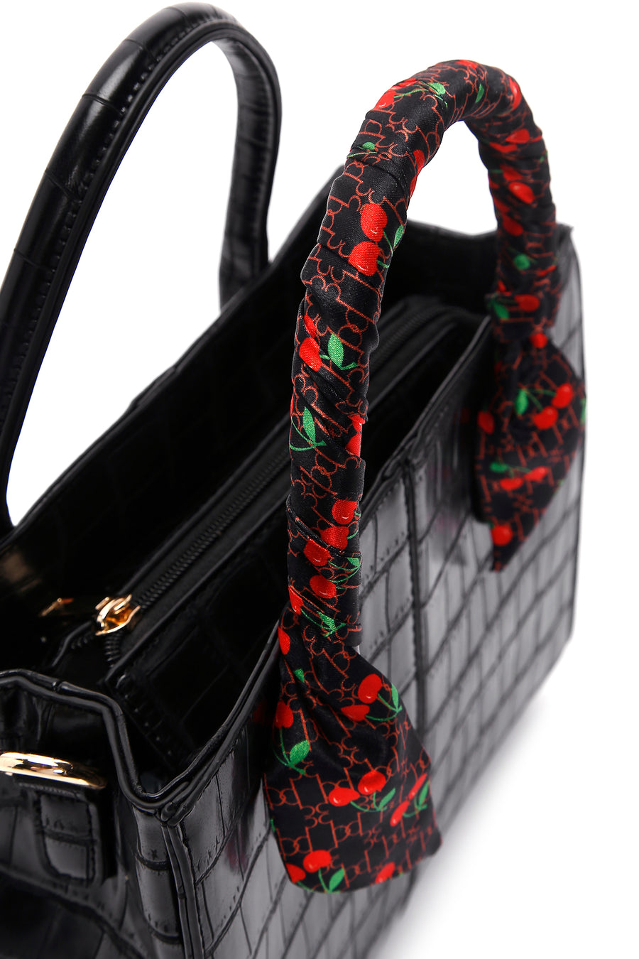Women's Black Long Strap Crocodile Patterned Handbag with Accessory Detail