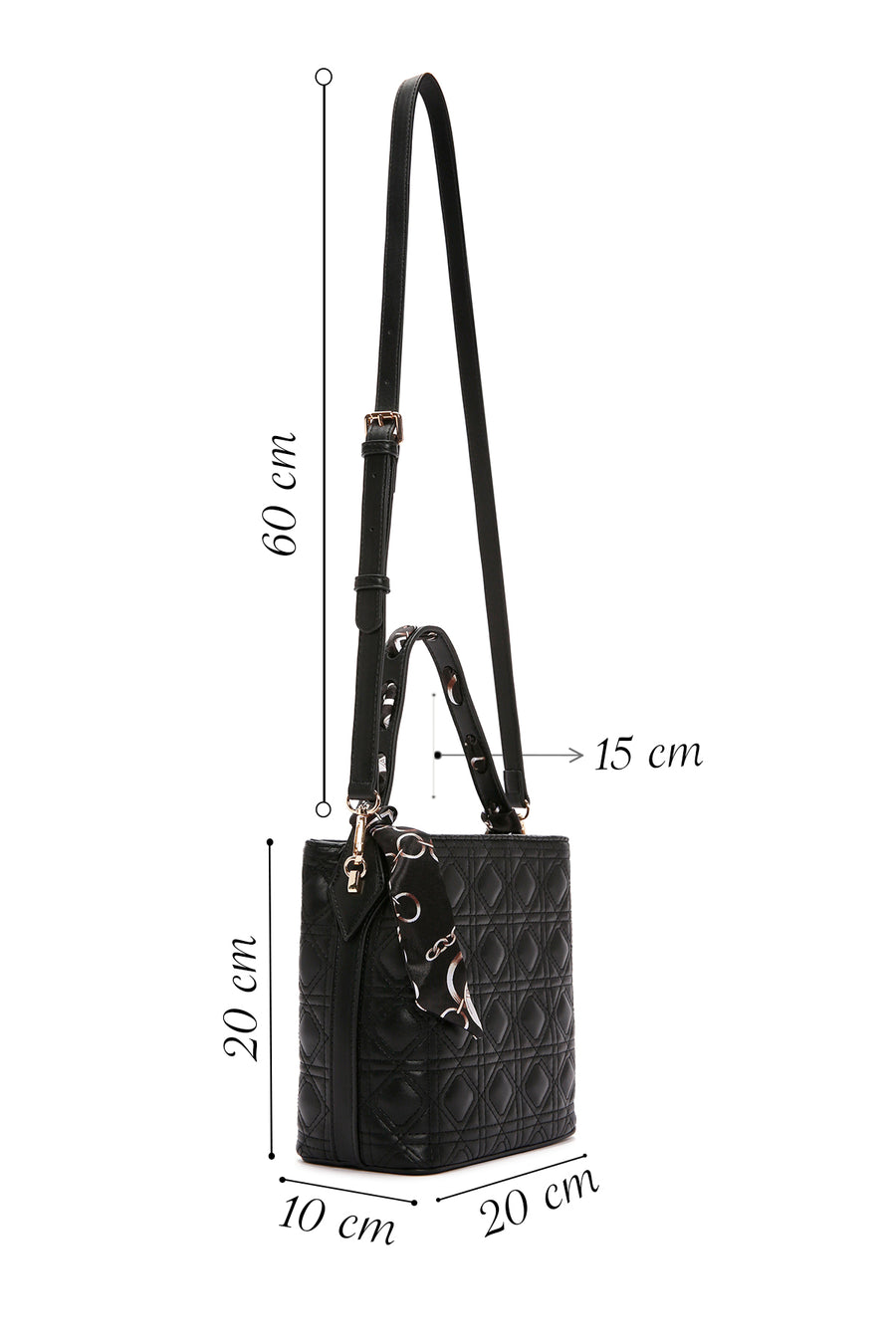 Women's Black Long Strap Quilted Handbag with Accessory Detail