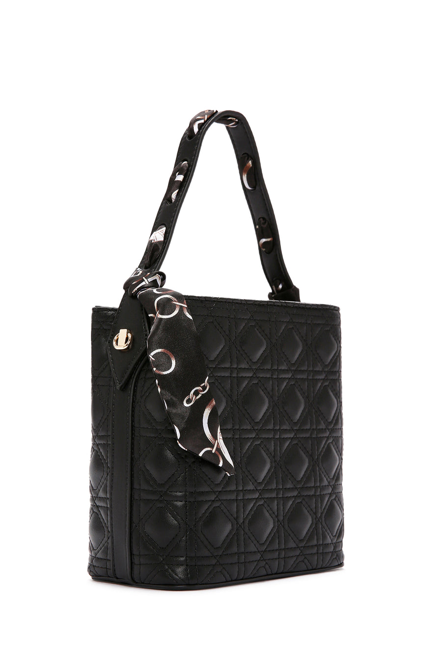 Women's Black Long Strap Quilted Handbag with Accessory Detail