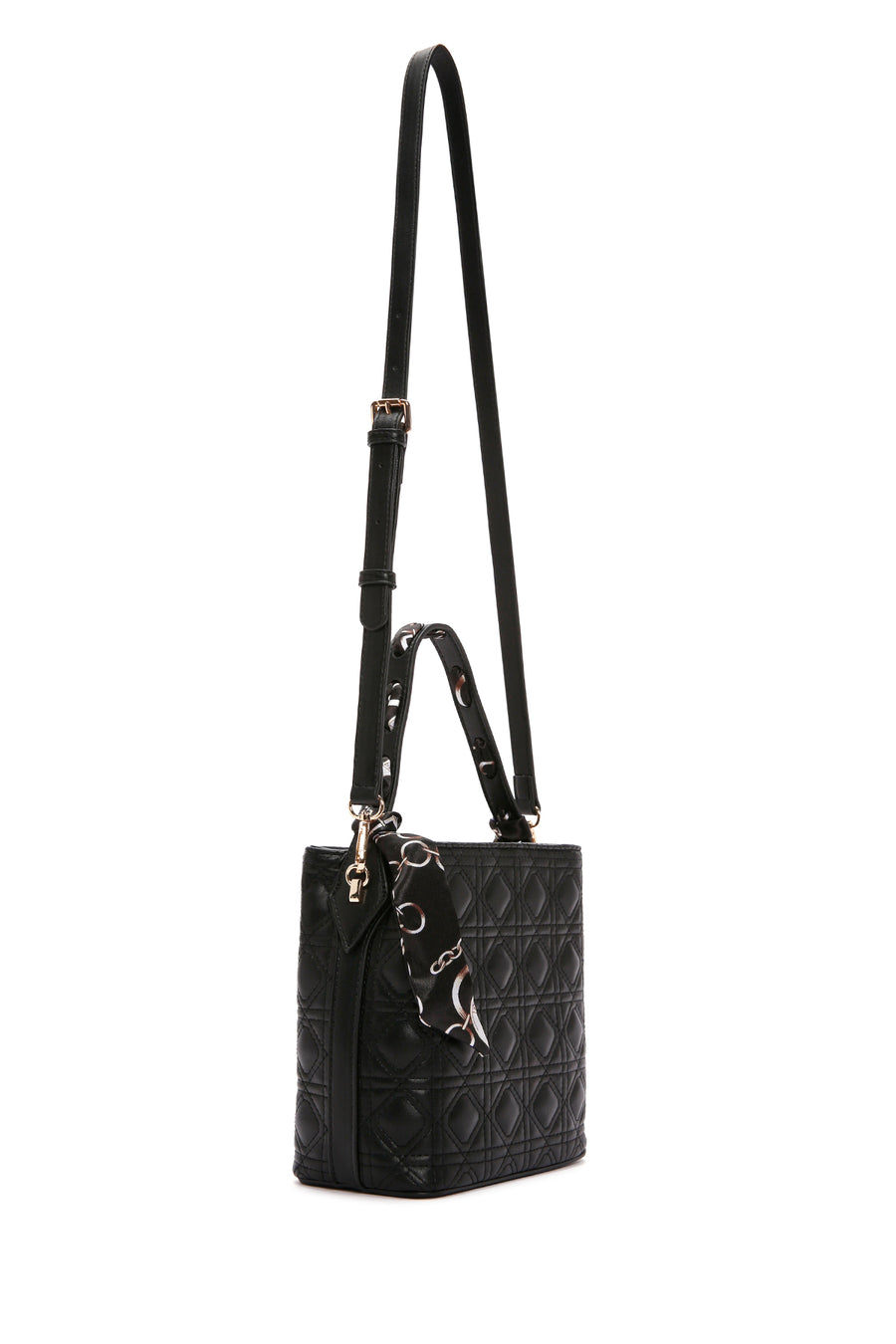 Women's Black Long Strap Quilted Handbag with Accessory Detail