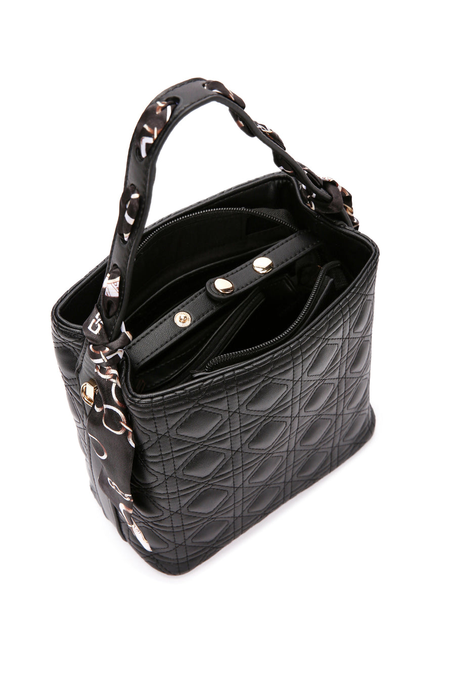 Women's Black Long Strap Quilted Handbag with Accessory Detail