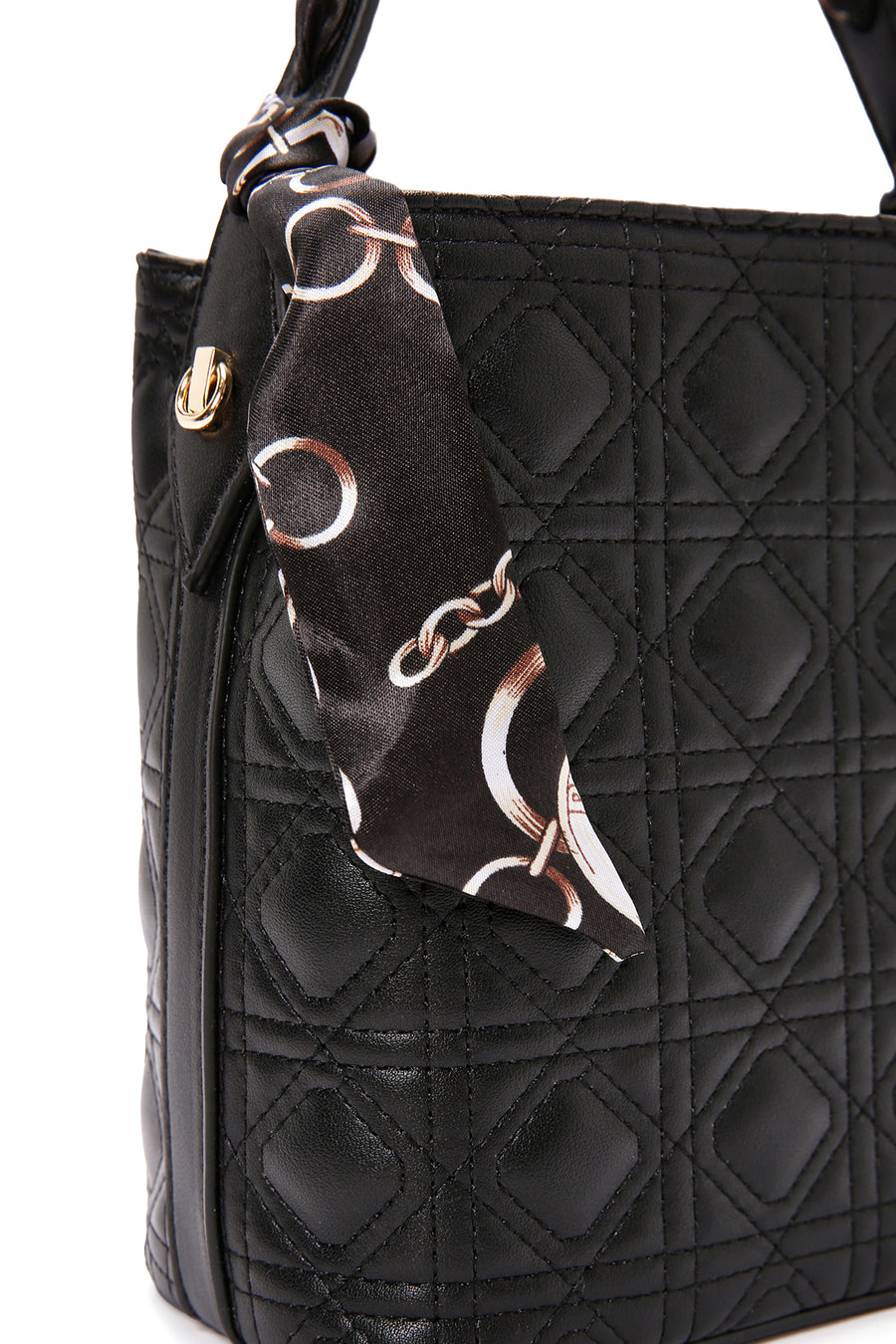 Women's Black Long Strap Quilted Handbag with Accessory Detail