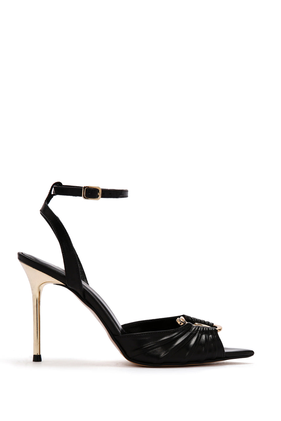 Women's Black Ankle Strap Thin Heeled Leather Sandals