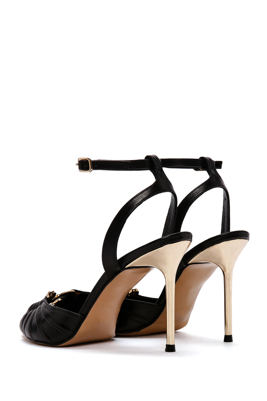 Women's Black Ankle Strap Thin Heeled Leather Sandals