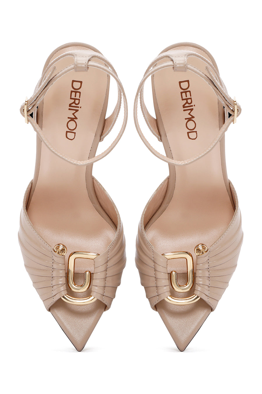 Women's Beige Ankle Strap Thin Heeled Leather Sandals