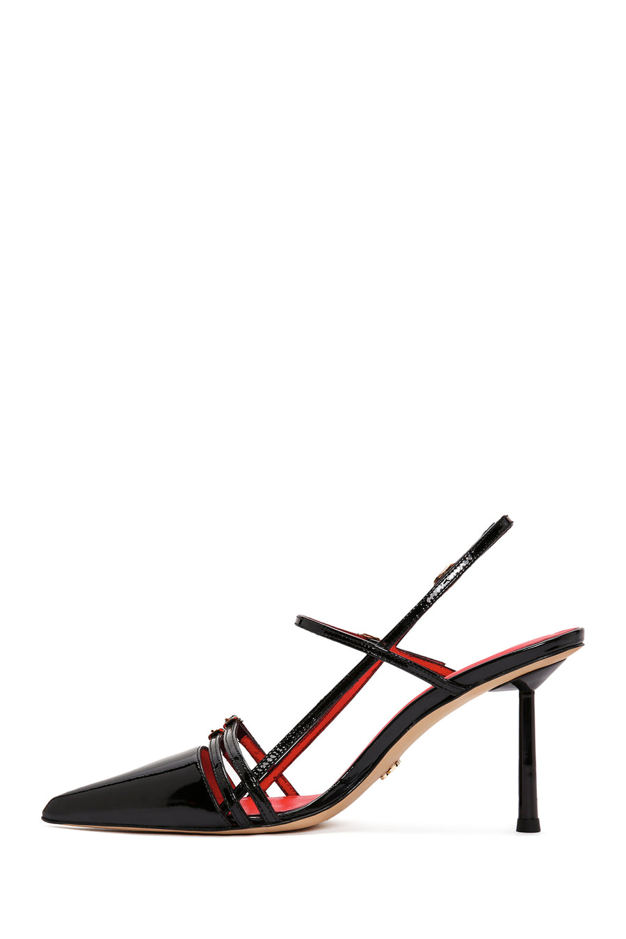 Women's Black Ankle Strap Open Back Heeled Patent Leather Shoes