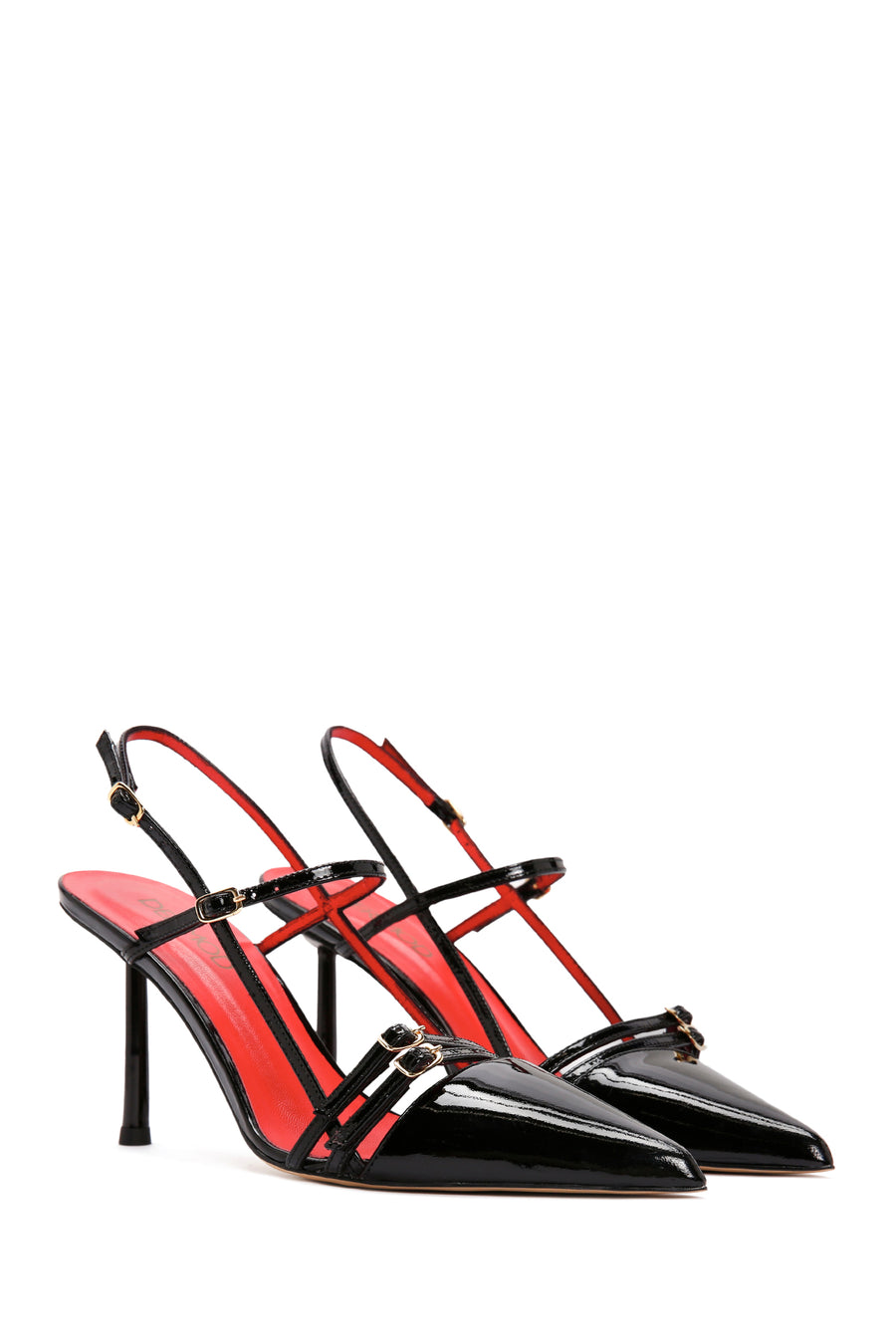 Women's Black Ankle Strap Open Back Heeled Patent Leather Shoes