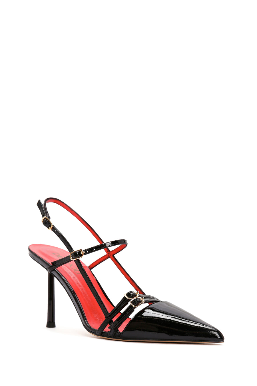 Women's Black Ankle Strap Open Back Heeled Patent Leather Shoes