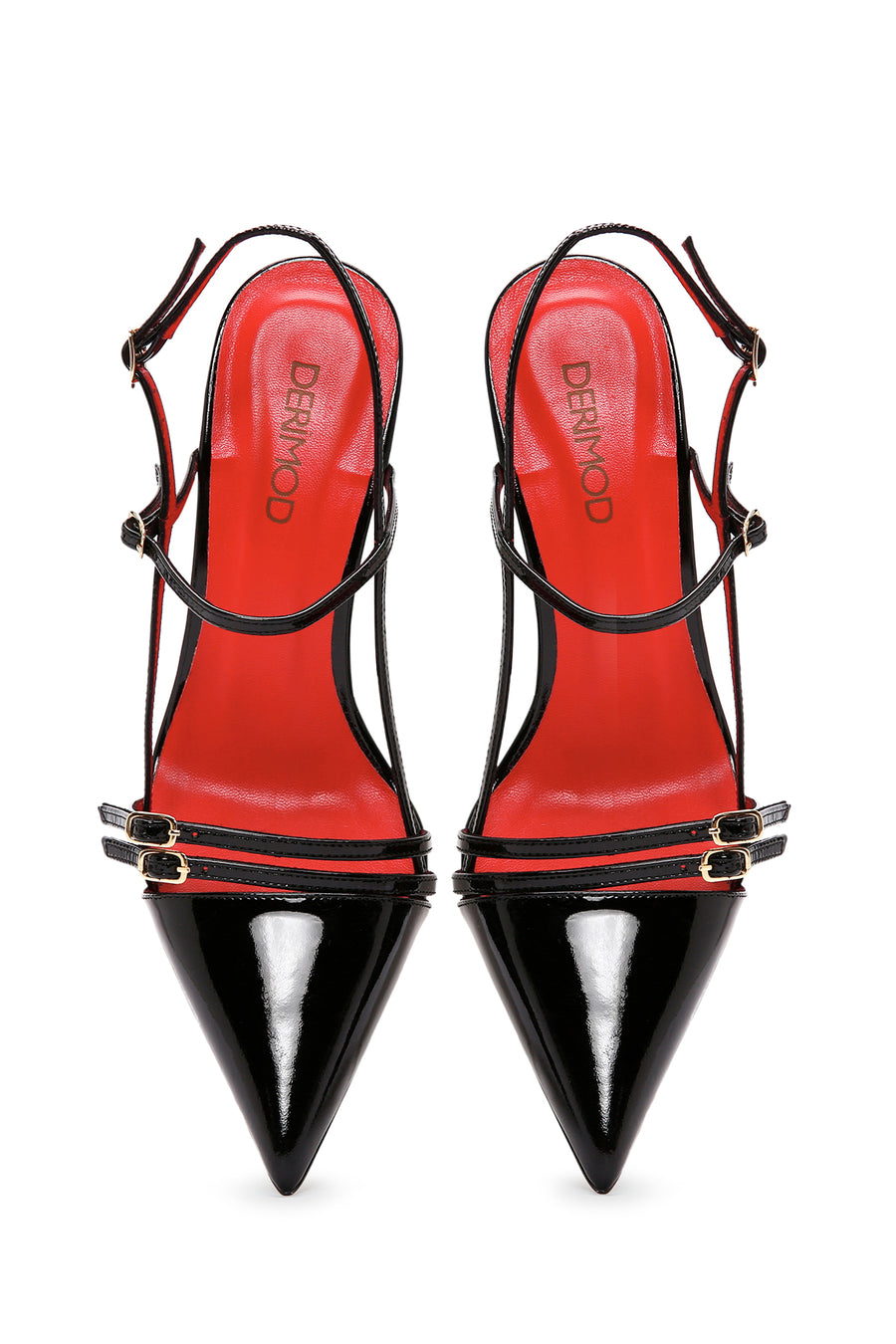Women's Black Ankle Strap Open Back Heeled Patent Leather Shoes