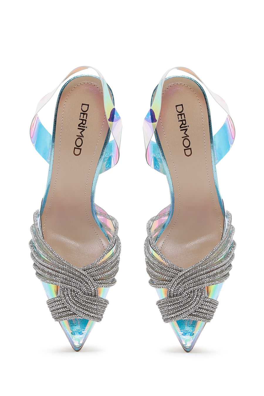 Women's Multicolored Stone Open Back Thin Heeled Leather Shoes