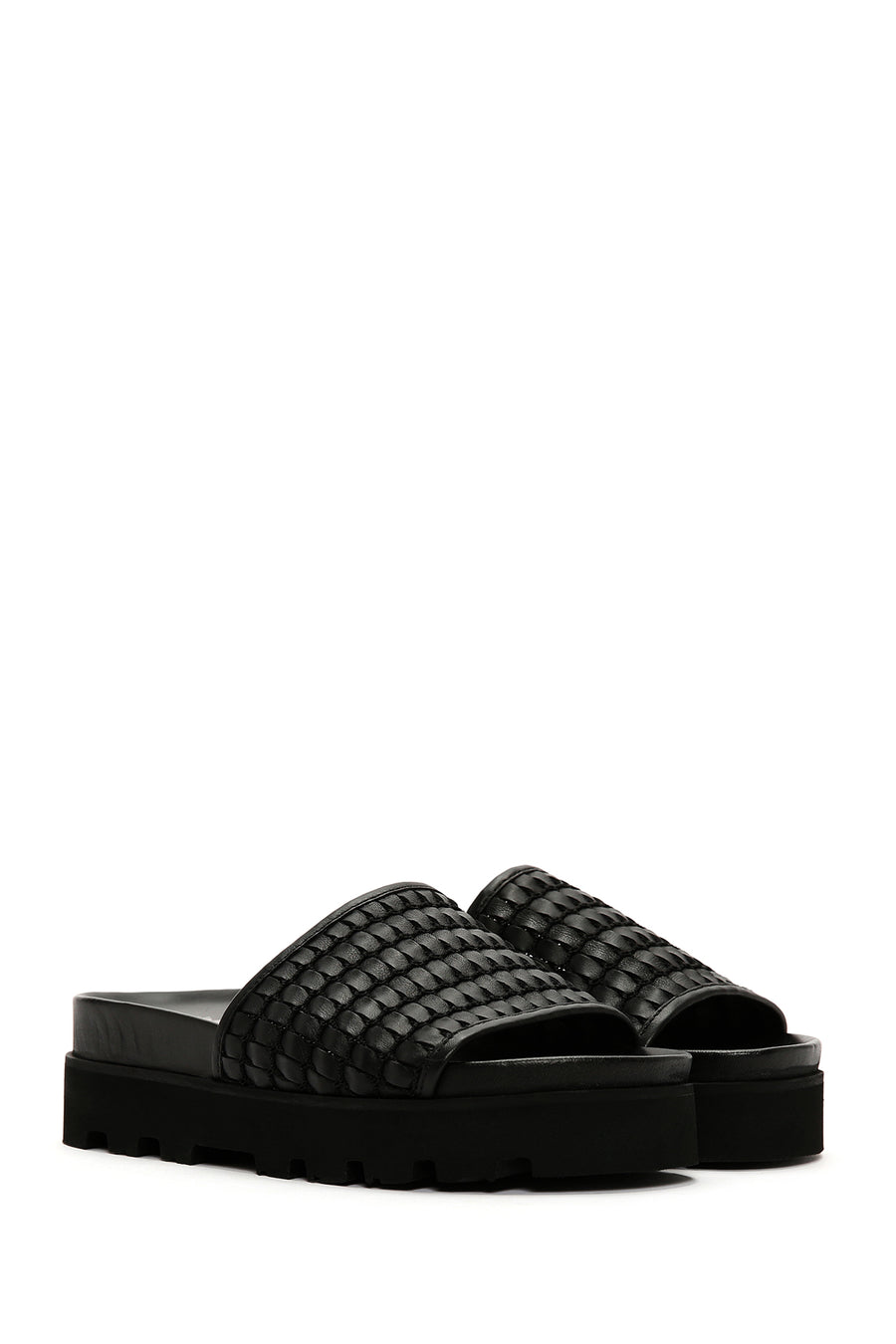 Women's Black Knit Leather Slippers