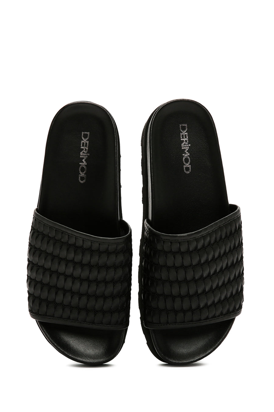Women's Black Knit Leather Slippers