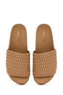 Women's Brown Knit Leather Slippers | Derimod