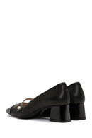 Women's Black Thick Short Heeled Leather Shoes | Derimod