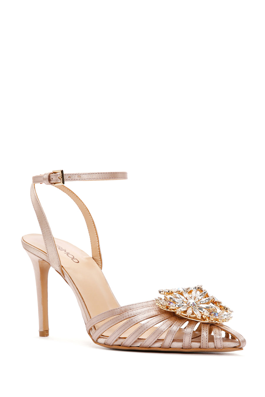 Women's Beige Ankle Strap Stone Thin Heeled Leather Stiletto