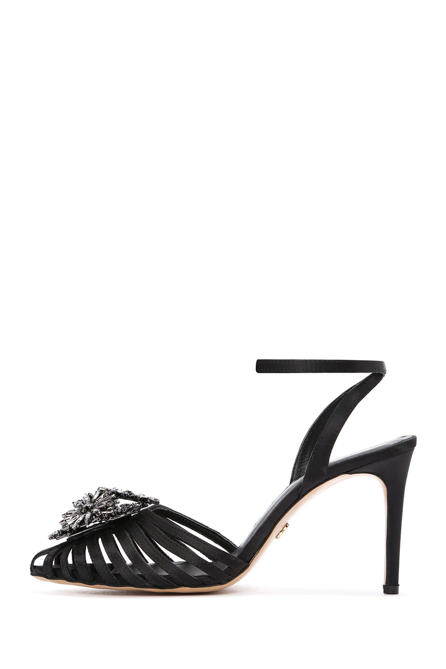 Women's Black Ankle Strap Stone Thin Heeled Leather Stiletto