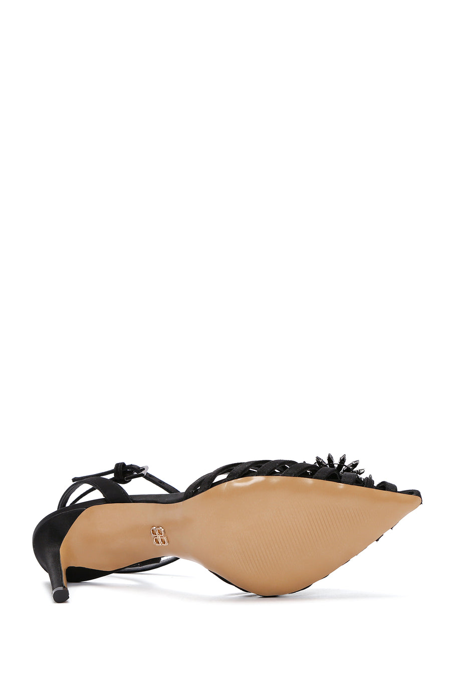 Women's Black Ankle Strap Stone Thin Heeled Leather Stiletto