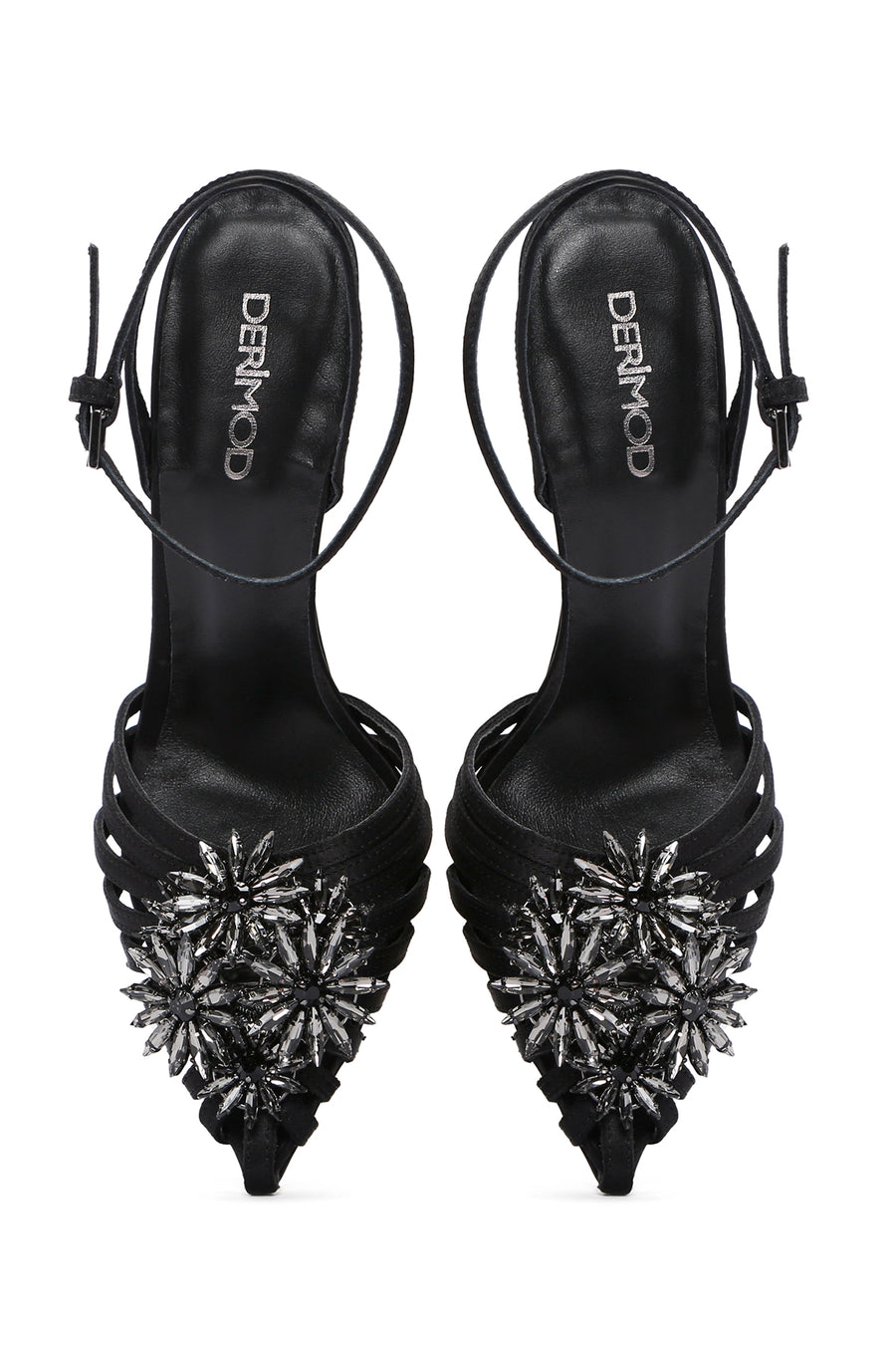Women's Black Ankle Strap Stone Thin Heeled Leather Stiletto
