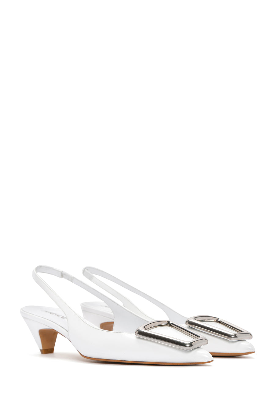 Women's White Open Back Low Heel Leather Stiletto