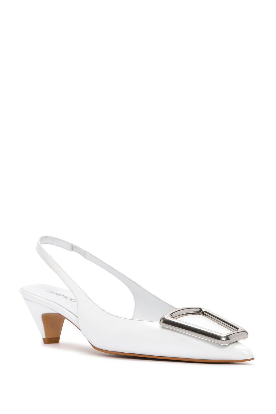 Women's White Open Back Low Heel Leather Stiletto