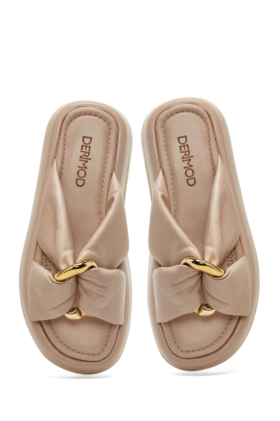 Women's Beige Thick Soled Leather Slippers