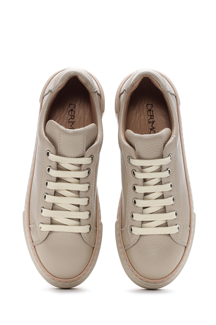 Women's Beige Lace-up Thick-Sole Leather Sneaker