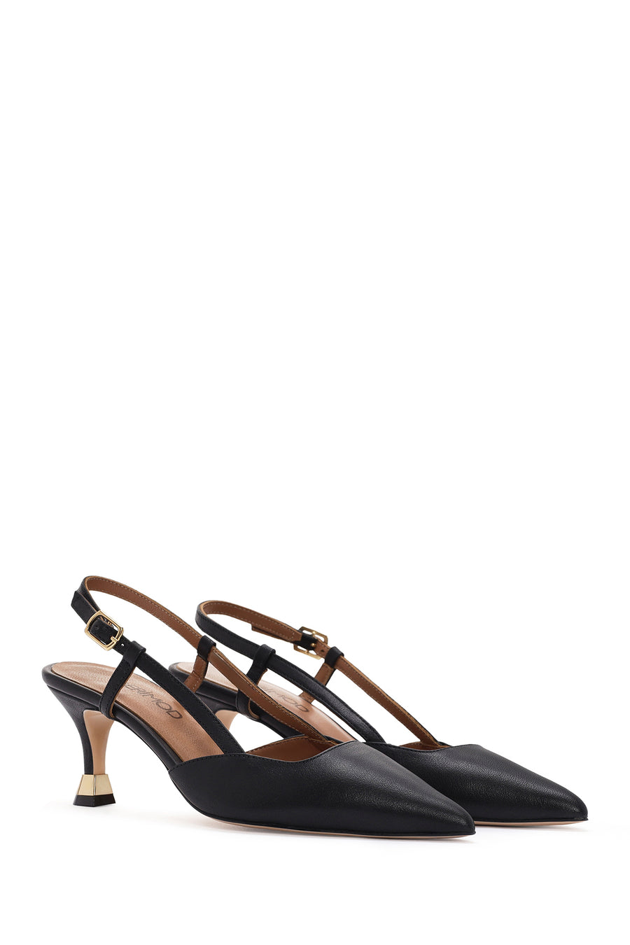 Women's Black Open Back Thin Heeled Leather Shoes