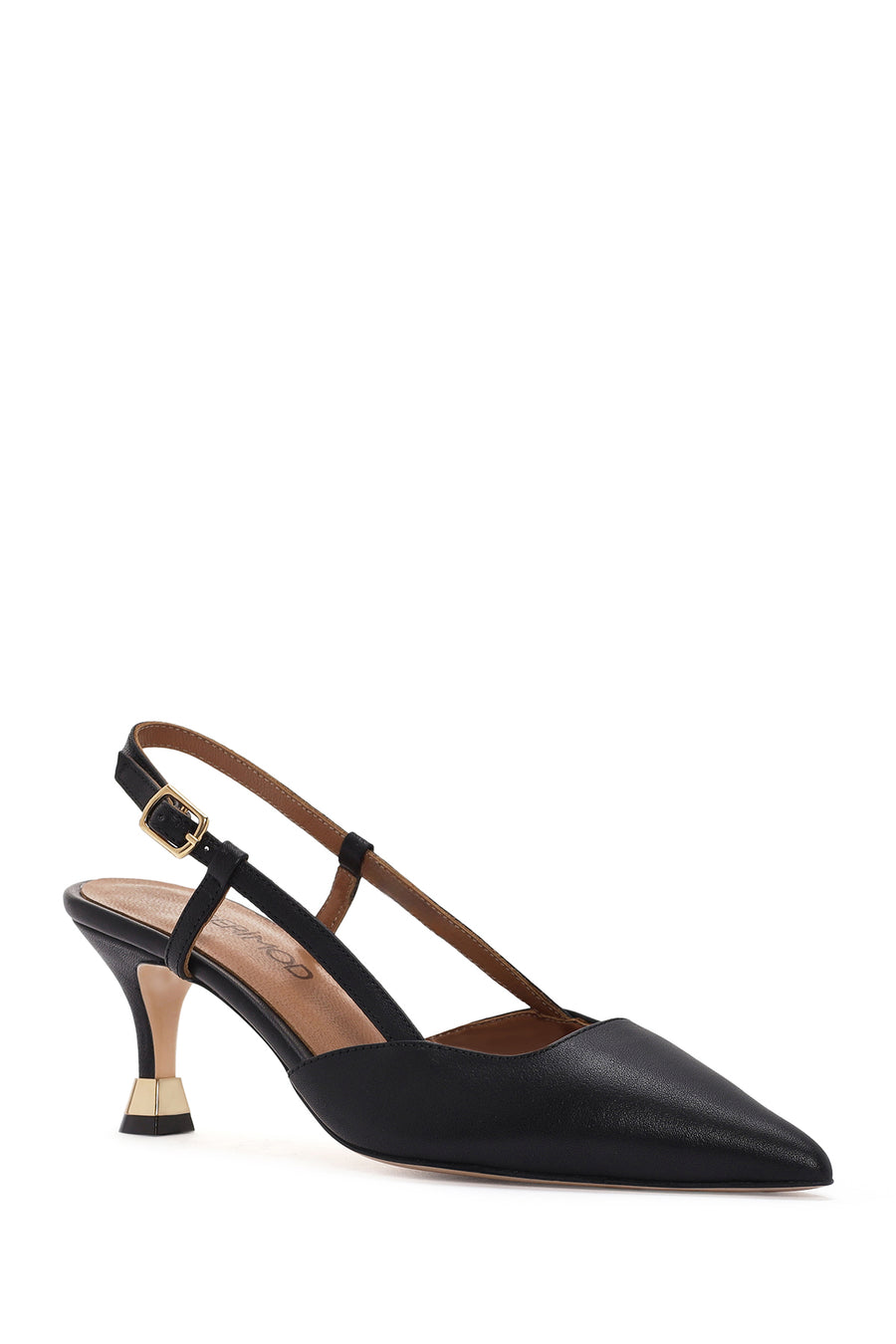Women's Black Open Back Thin Heeled Leather Shoes