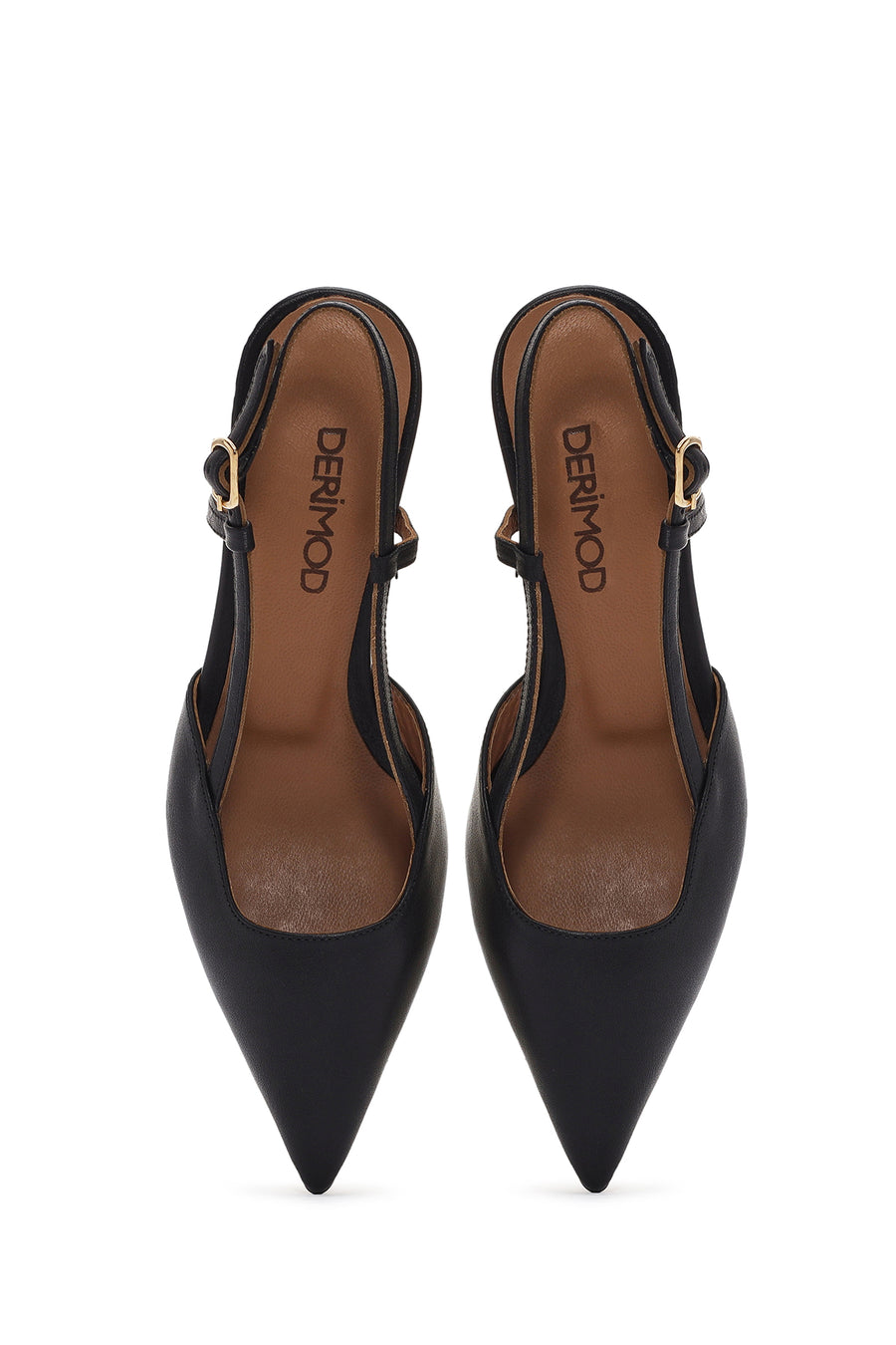 Women's Black Open Back Thin Heeled Leather Shoes