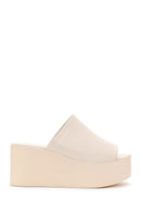 Women's Beige Wedge Heeled Leather Slippers | Derimod
