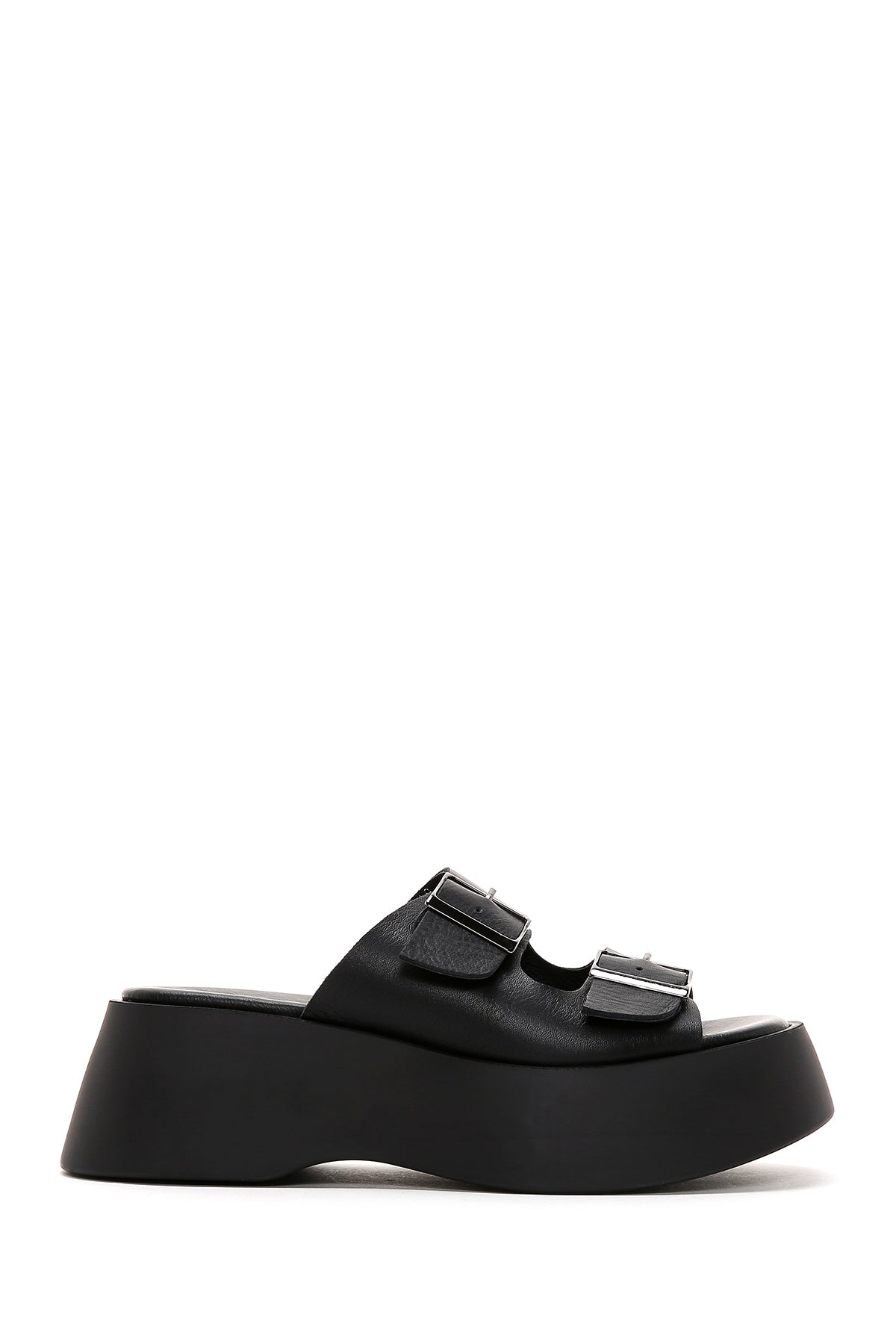 Women's Black Double Buckle Thick Soled Leather Slippers 24SFD150218 | Derimod